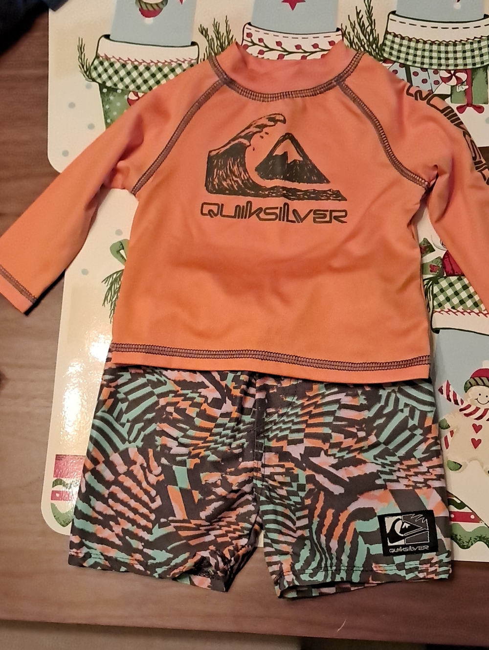 Quiksilver Orange Long-Sleeve Rash Guard with Multi-Color Patterned Swim Trunks
